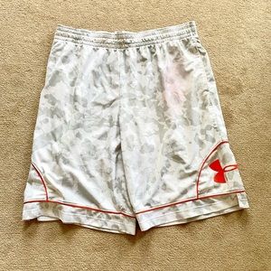 Under Armour white/gray camo shorts, orange logo